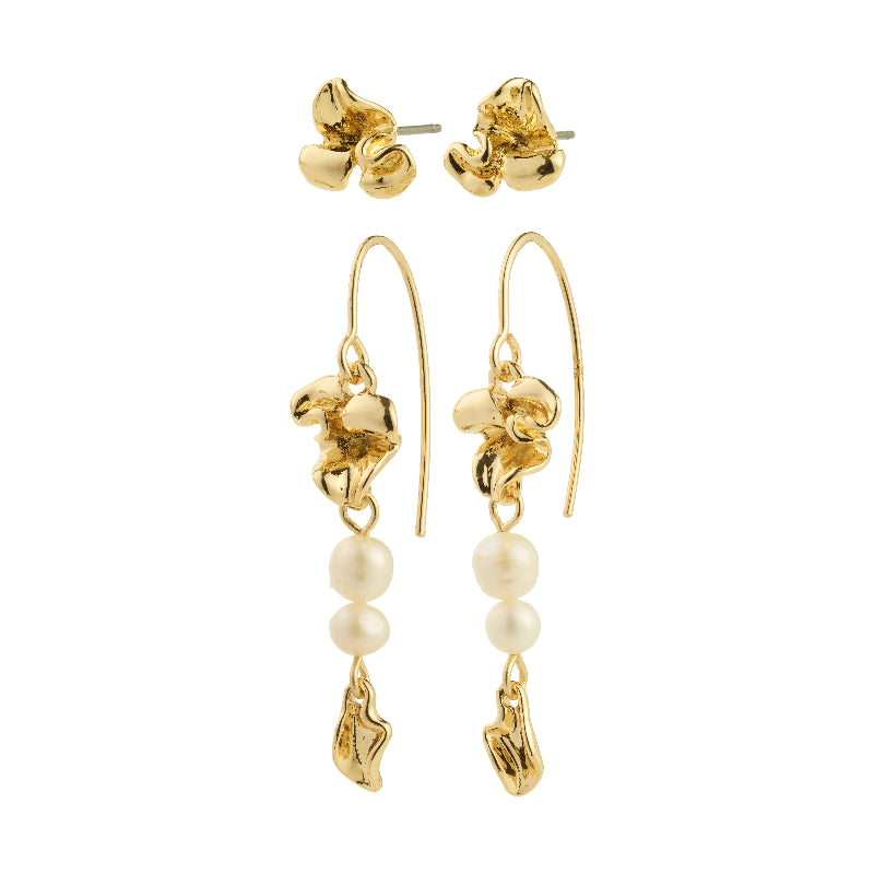 Pilgrim Luis Earrings 2-in-1 set Gold-plated Gold earrings with pearl drops on a white background