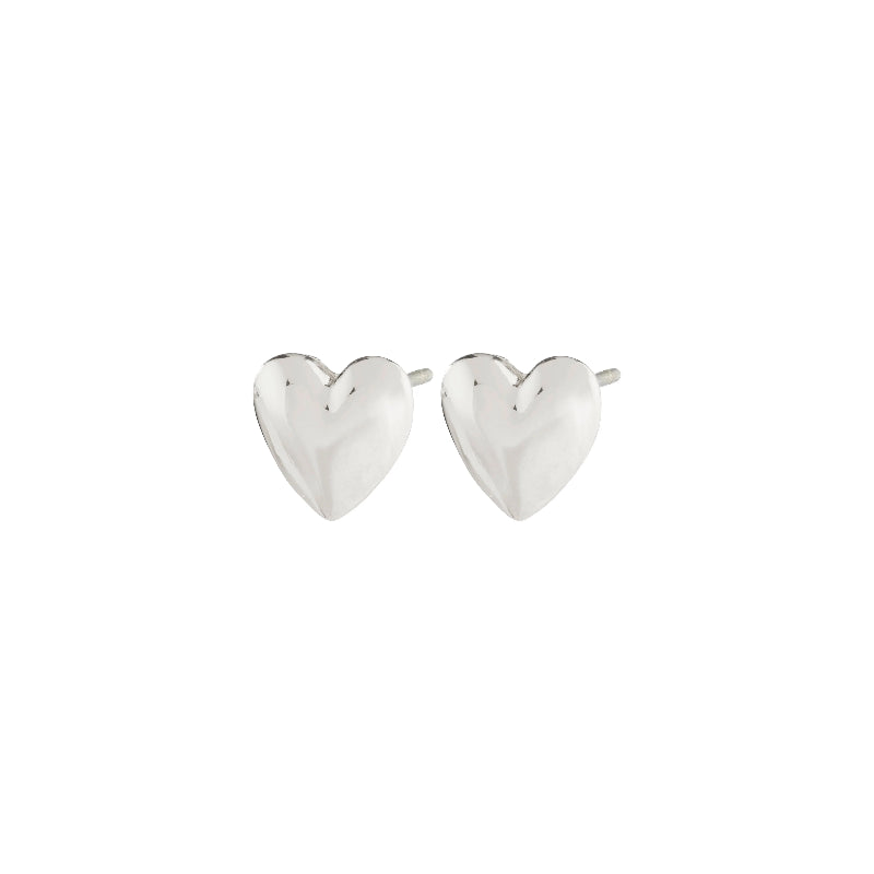 Heart-shaped silver earrings on a white background