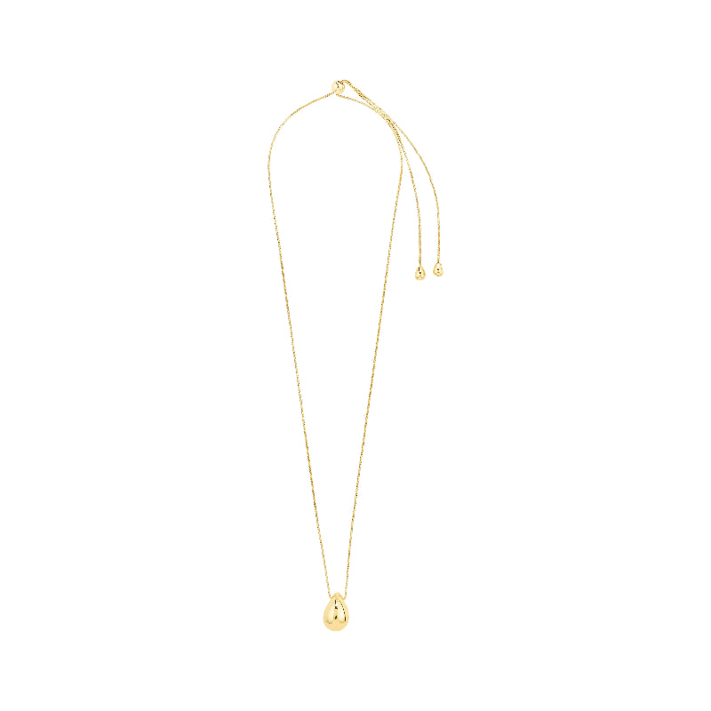 Gold necklace with a small pendant on a white background
