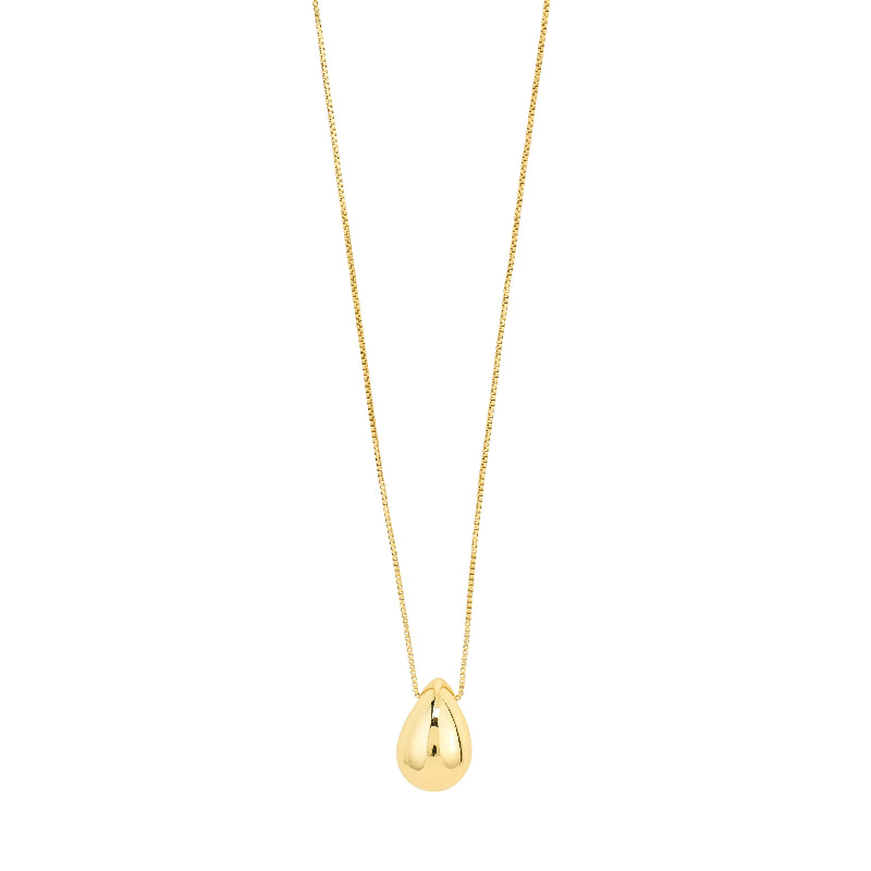 Gold teardrop pendant necklace on a white background