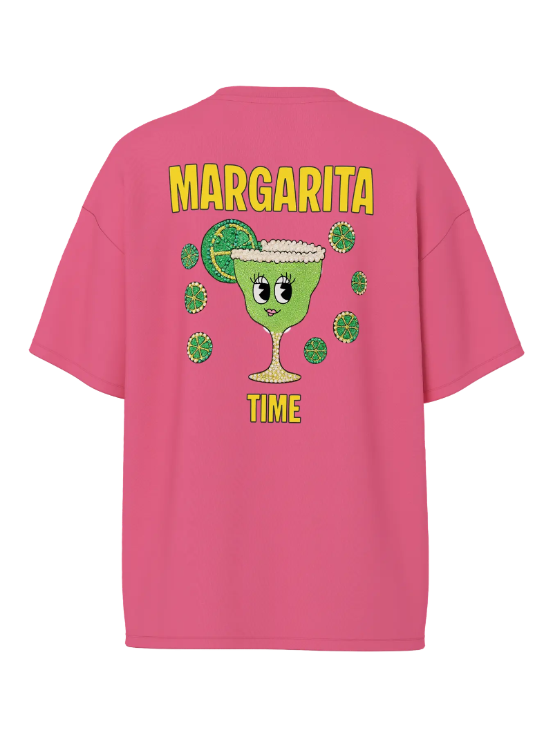 Pink t-shirt with a cartoon margarita graphic and 'Margarita Time' text on a white background