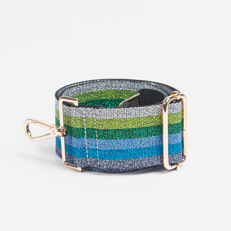 crossbody bag strap metallic blue and green stripes