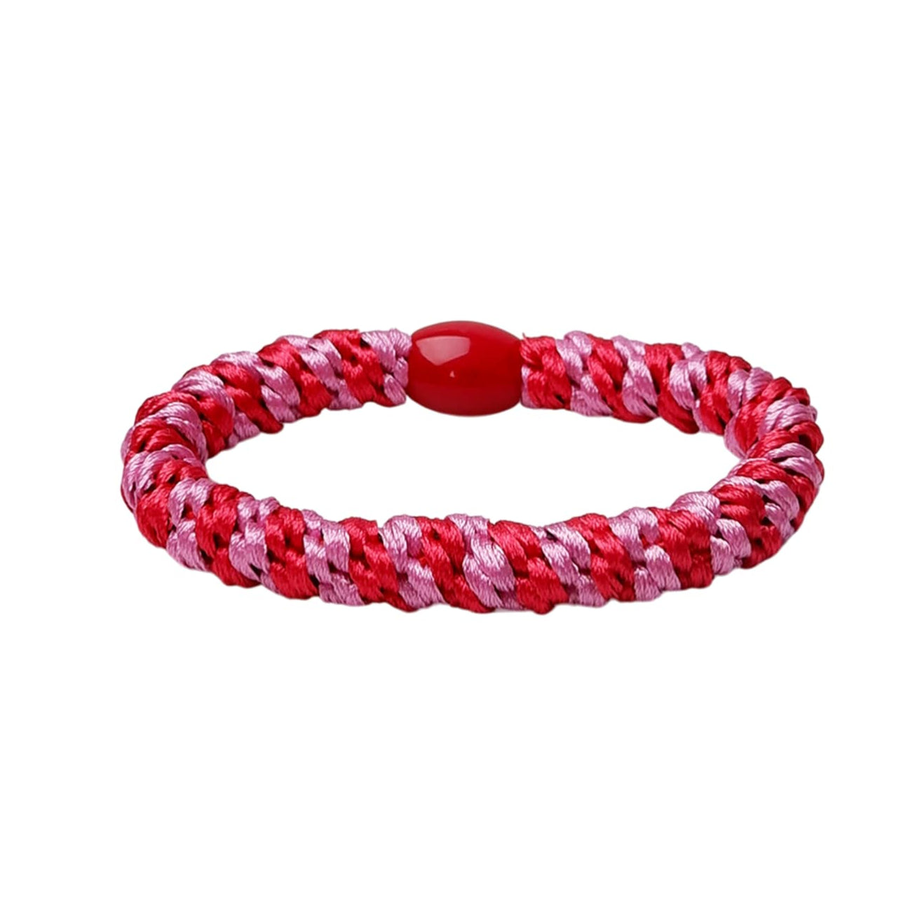 Red and pink braided bracelet on a white background