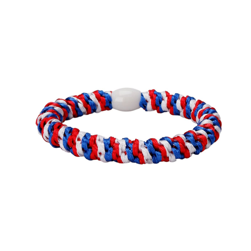 Bracelet with red, white, and blue pattern on a white background