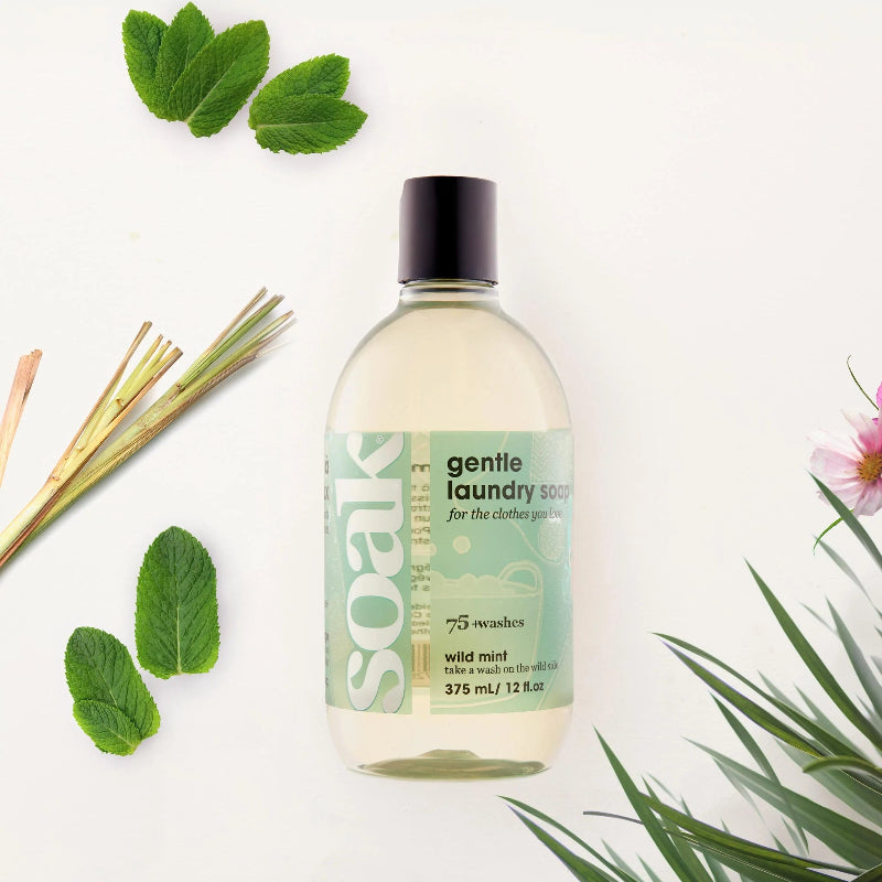 Bottle of SOAPSANA gentle laundry soap with green leaves and plants on a white background