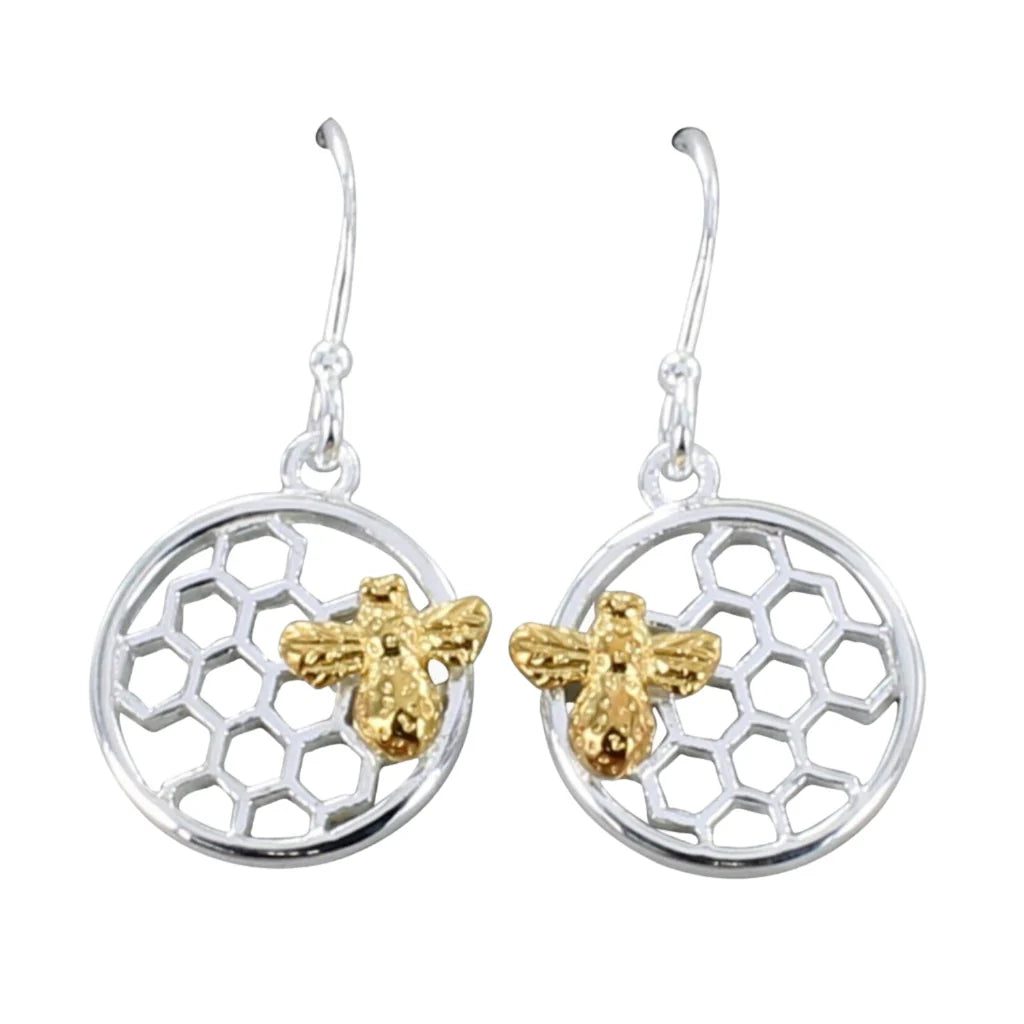 silver honeycomb bee earrings