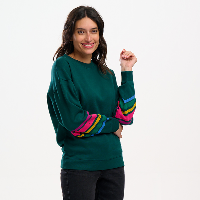 Sugarhill Eadie Sweatshirt-Dark Green Sleeve Stripes 2