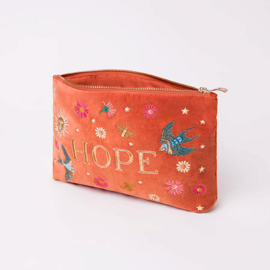 velvet pouch embroidered with hope
