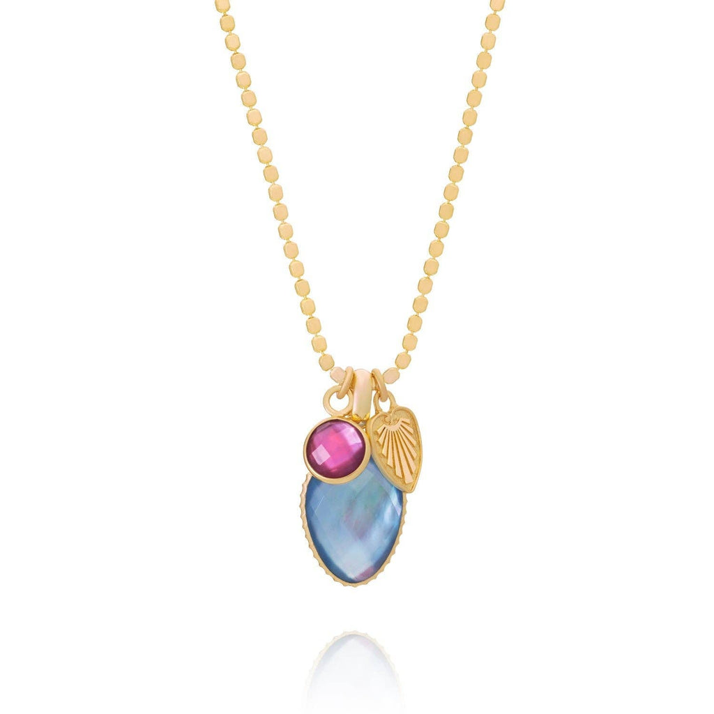 Odyssey Two Stone Pendant Necklace with Palm Leaf Charm: MOP-Tanzanite