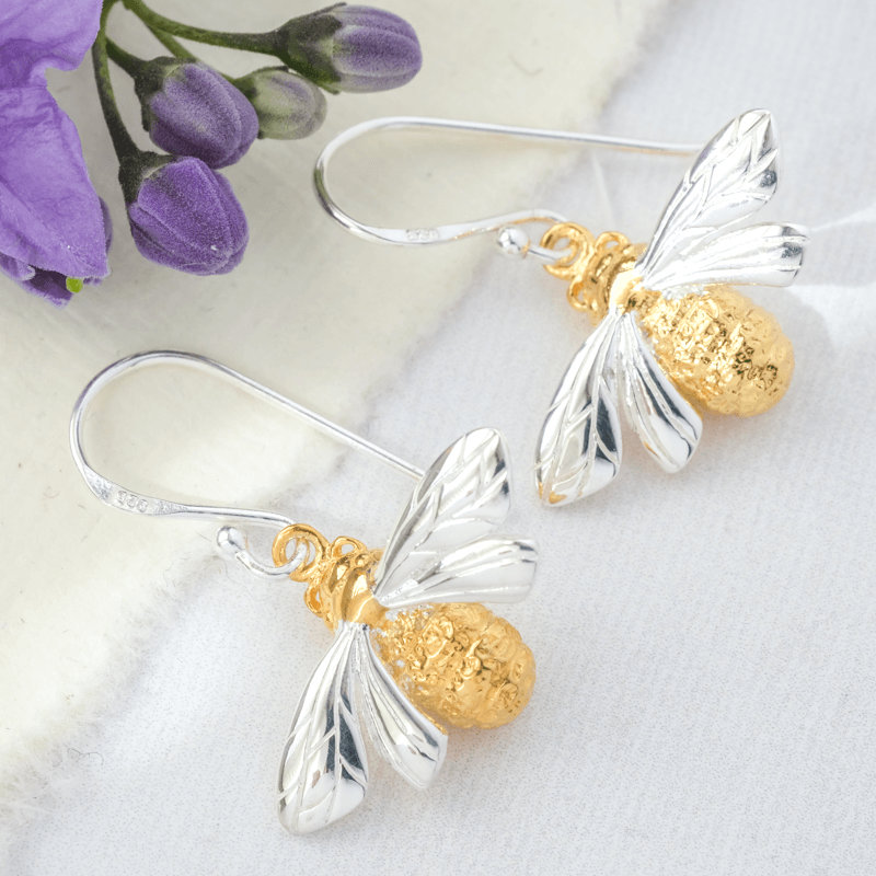 bee earrings silver and gold