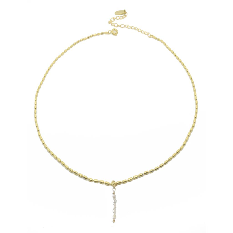 White Leaf gold choker necklace with pearl column