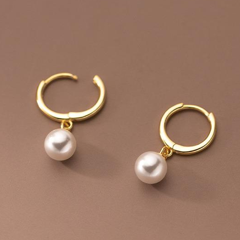 gold huggie hoop pearl drop earrings