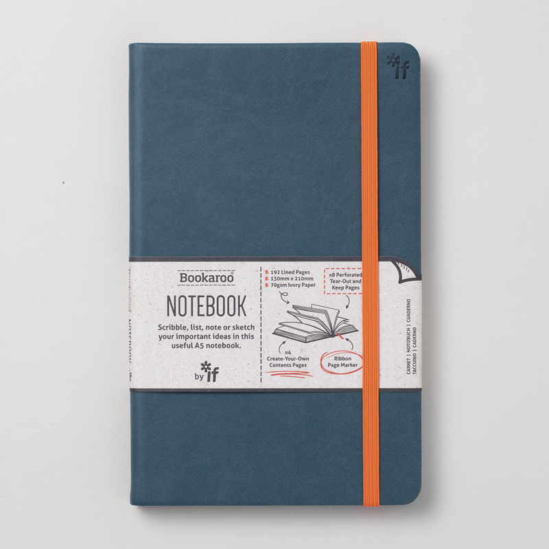 bookaroo a5 notebook in teal with orange elastic holder