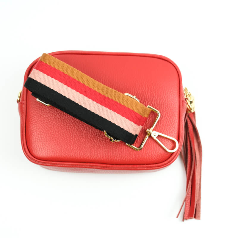 crossbody camera bag with tassel in red leather