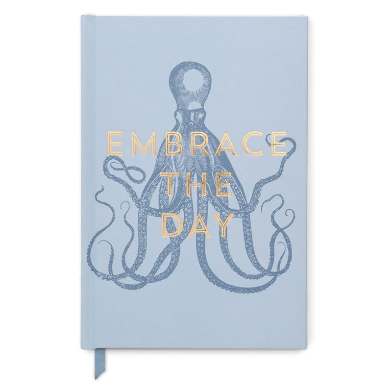 a5 journal blue octopuss with gold lettering