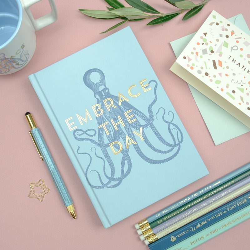 octopus blue journal with gold lettering embrace the day