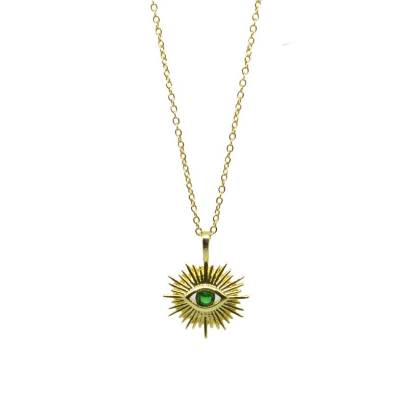 Gold evil eye necklace with green stone