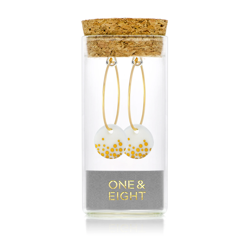One and Eight earrings in glass bottle white porcelain and gold hoop earrings
