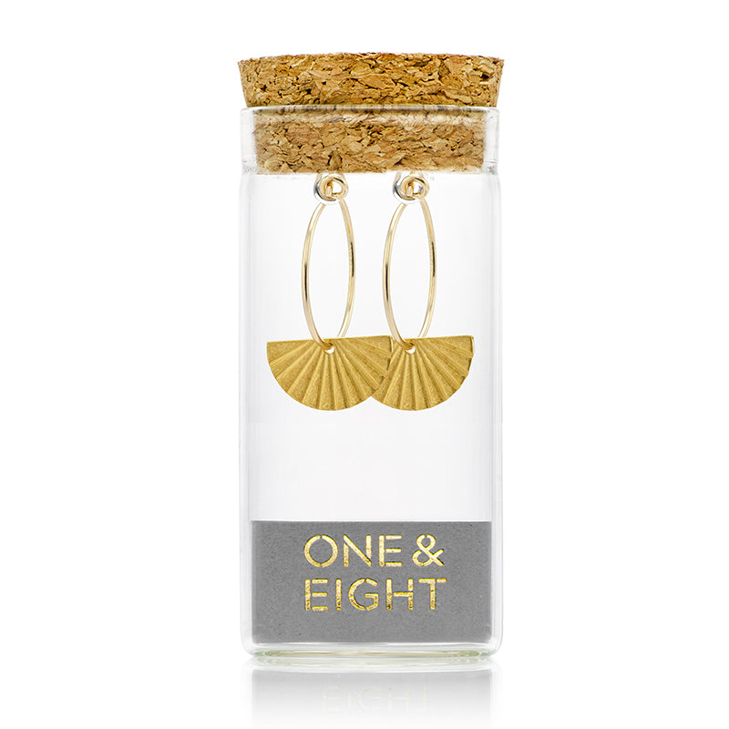 One & Eight Gold Fan earrings in tube, Bournemouth stockists.
