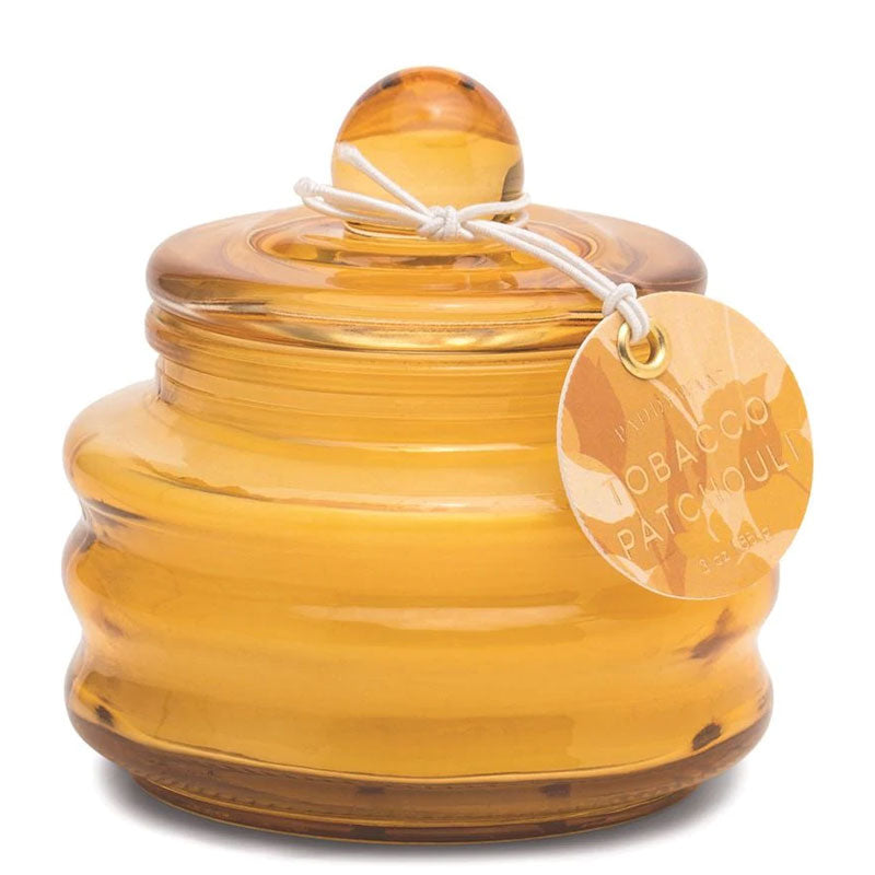 glass jar candle yellow tabacco patchouli