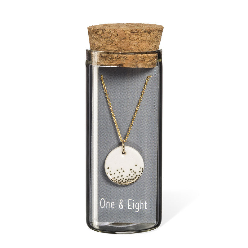 one & eight porcelain necklace in glass bottle white mist