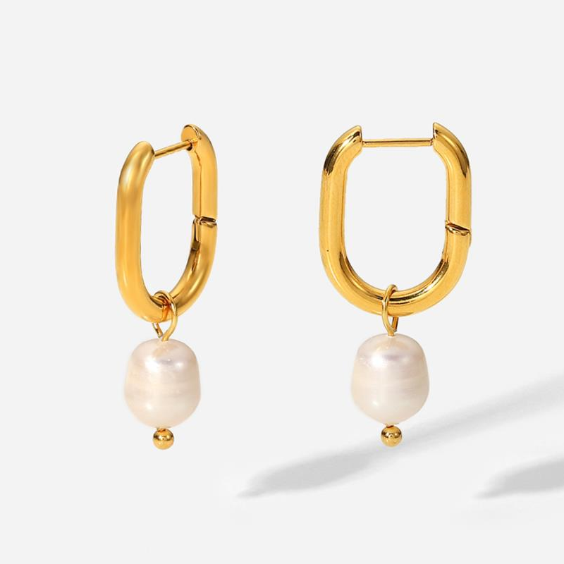 chunky gold rectangle hoops with pearl drops