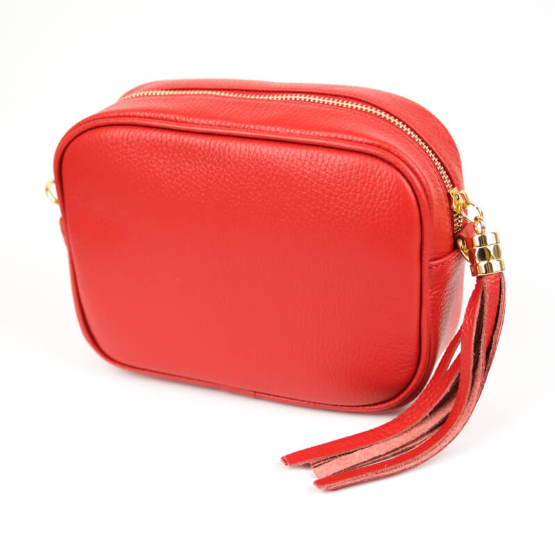red leather crossbody bag with tassel