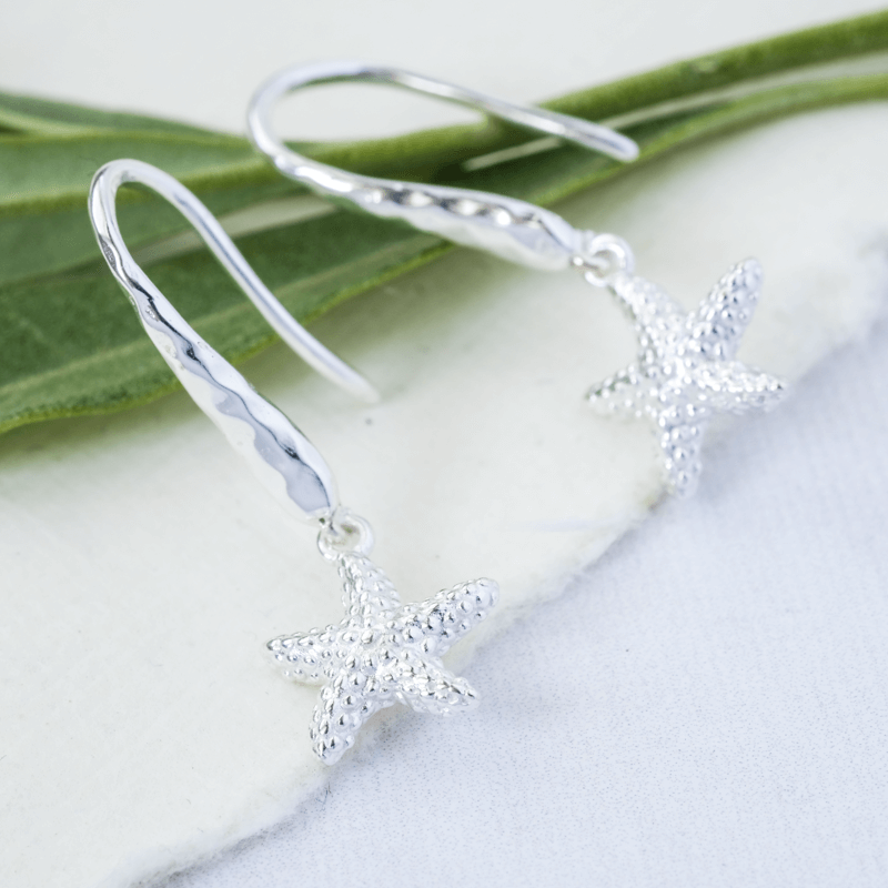 silver starfish drop earrings