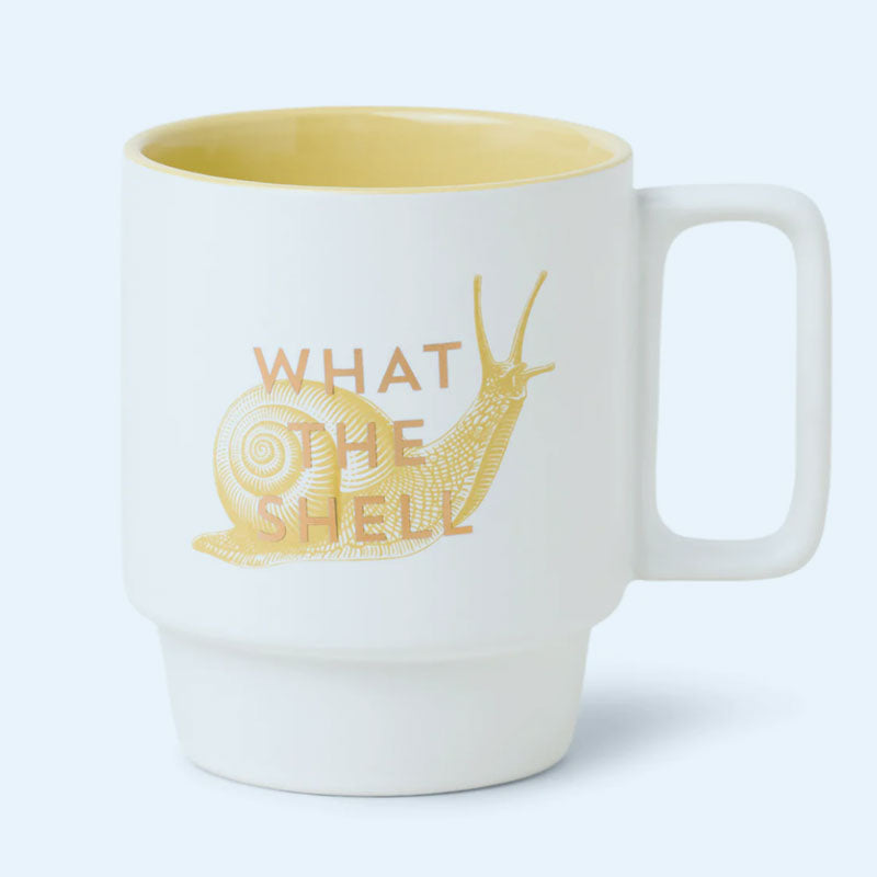 what the shell mug with snail image and gold lettering