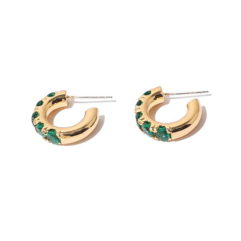 chunky gold huggie hoops with green gemstone